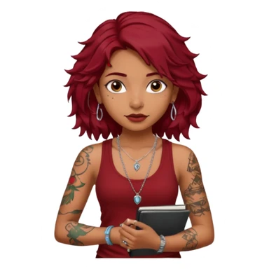 a pretty tan indian bratz girl with messy dark wavyred hair, wearing a dark red tank top, layered silver necklaces. Carrying multiple sketchbooks and pens, tattoos on arm sticker
