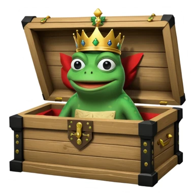 Emoji of an empty wooden coffin with its lid on top, the word ‘ECHO’ carved into the lid. The coffin is shown from the outside. A king-like Pepe the Frog, standing outside the coffin, is hammering nails into the lid to seal it shut. No character is inside the coffin. Not a treasure chest. sticker