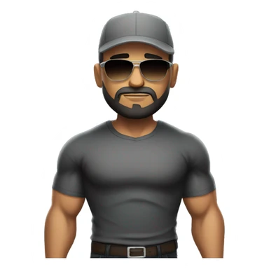 Bald Mexican young man with round face a dark beard baseball cap and dark cool sunglasses looking tough huge muscles sticker