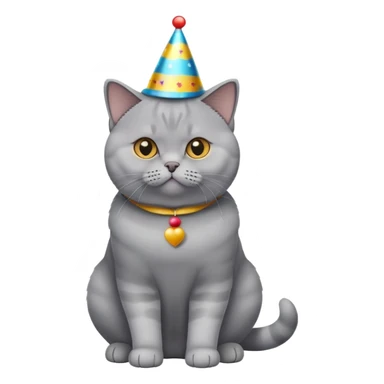 British Shorthair cat full body sitting with a party hat sticker
