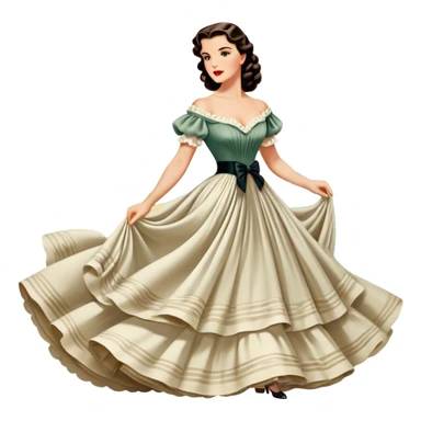 Icon for Romance Movie: A vintage movie poster-style design inspired by Gone with the Wind. Include romantic, sweeping imagery like Scarlett O'Hara in a flowing dress, Rhett Butler, a plantation backdrop, and fluttering wind-blown fabric. Soft, nostalgic cinematic feel. Transparent background. sticker