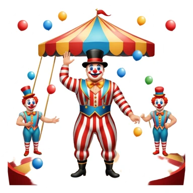 Icon for Circus Arts: a vibrant circus arena with a strongman in a striped costume, a juggler, and a clown performing. The icon should capture the excitement and energy of a circus show, with emphasis on skill and entertainment. Transparent background. sticker