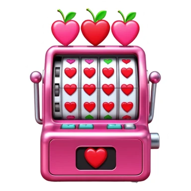 A 3D cartoon slot machine showing hearts and cherries, shiny metallic finish, Memoji-style realism. sticker