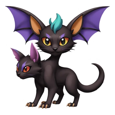 dark spooky badass cool shiny glossy smooth soft Black edgy Noivern-Noibat-Purloin-Torracat-Lykoi-Caracal-cat-Fakemon-fusion-hybrid-creature with bat wings on head as ears, big fangs, gothic markings sticker