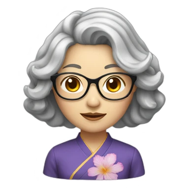 Chinese lady with shoulder length very lightly grey waves hair wear glasses with Chinese dress sticker