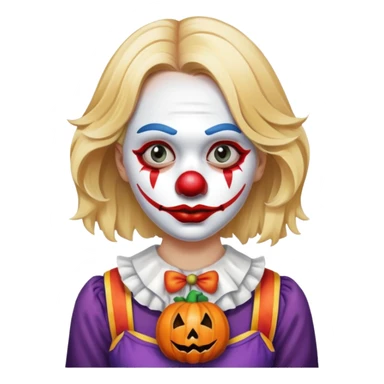Sad Blonde woman in normal clothes holding a Halloween clown mask  sticker