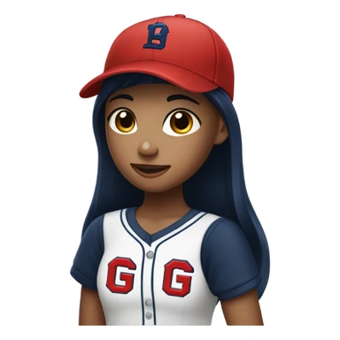 Black long hair girl wearing navy ballcap emblazoned with a red G initial and wearing baseball uniform sticker