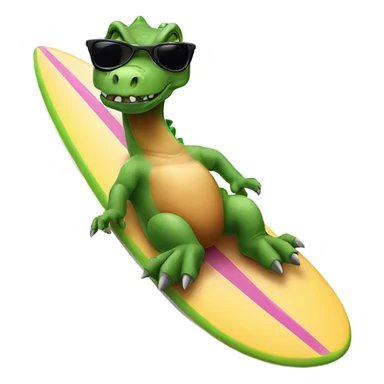 A dinosaur looksmaxing while wearing sunglasses on a surfboard sticker