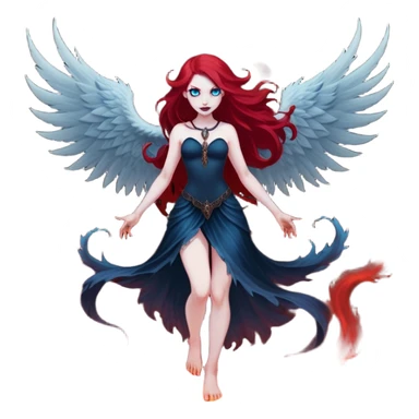 full body portrait of an extremely diabolical girl with pale white skin, massive towering wings, very long flowing blood red hair, glowing blue eyes, evil grin, no accessories, standing in thick swirling dark red and black smoke that rises up from the ground, heavy smoke effect at her feet sticker