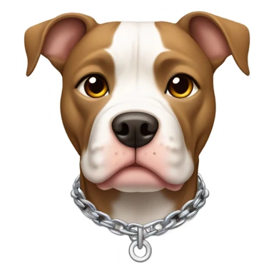 American pitbull terrier with a brown and tan striped coat and white down middle of his face and chest. He has a silver chain link collar sticker