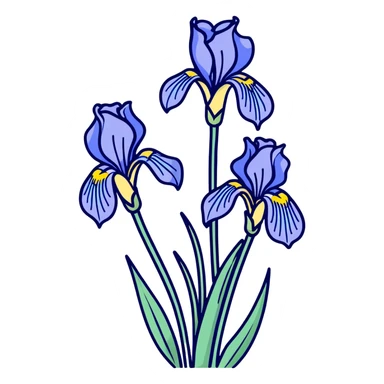 Elegant blue iris flower showing characteristic iris form with three drooping falls and three upright standards, with decorative long leaves sticker