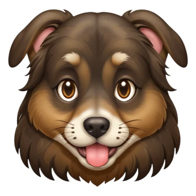 dog face with long black+brown brindle coat and bridge of nose. ears stand up w/ tips folded down. make eyes light brown-ish gold. widen tongue and add dark splotch. keep mane long.  sticker