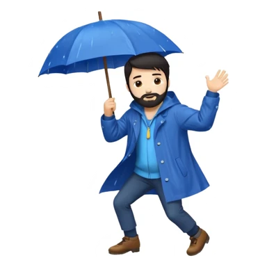 A dark-haired boy with a white beard dancing with an umbrella in the rain sticker