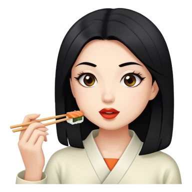 Girl with black hair eating sushi sticker