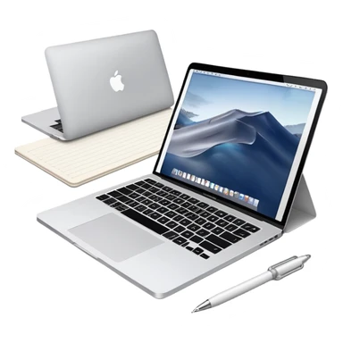 MacBook with online booking system and classic paper notebook with pen side by side, both objects fully visible, no background, no cut-off edges sticker