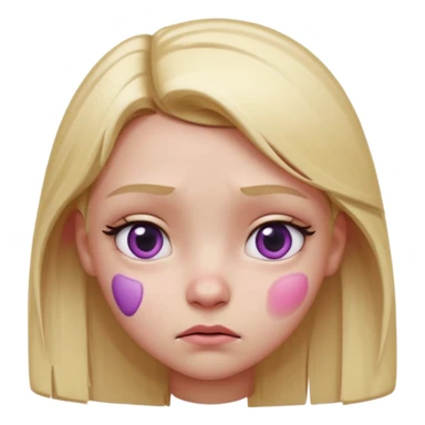 Blonde girl emoji, head and slight shoulders visible, one eye bruised pink and slightly swollen (cartoon black eye), soft pink-purple bruise shading around eyelid, cute but annoyed expression, glossy smooth 3D emoji render, centered composition, clean lighting, white or transparent background. sticker