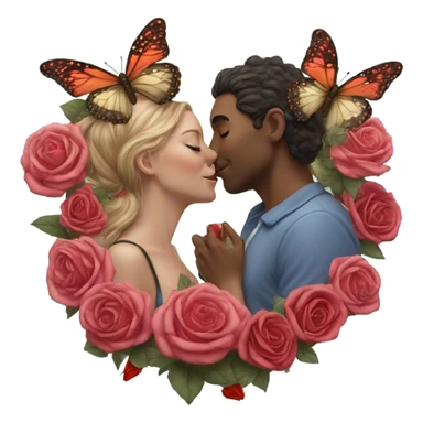 Hyper Realistic Couple kissing surrounded by roses and butterflies  sticker