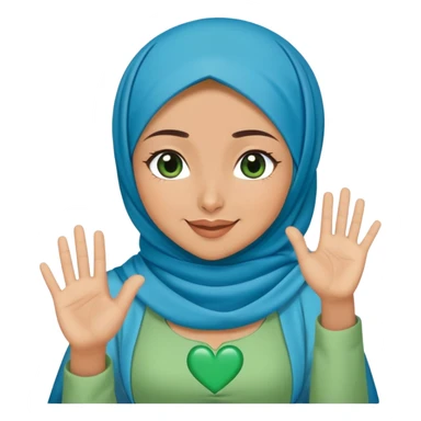 Turkish beautiful finish Konya girl blue hijab and green heart dress and wink her hand goodbye  sticker