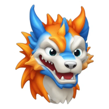 Un dragon mi loup de couleur rouge, bleu, blanc et orange moutardes avec des corne de bélier orange moutard. Il qui crache du feux sticker