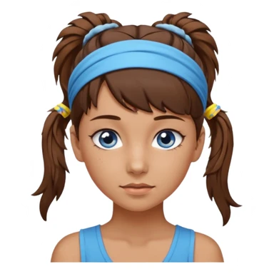 A girl with a messy ponytail, she’s tanned blue eyes and brown hair with a headband on sticker