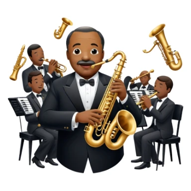Icon for Jazz Music: Count Basie Orchestra, with Count Basie at the piano surrounded by jazz musicians playing instruments like saxophones, trumpets, and drums. Floating musical notes should capture the energetic and smooth vibe of big band jazz. Transparent background. sticker