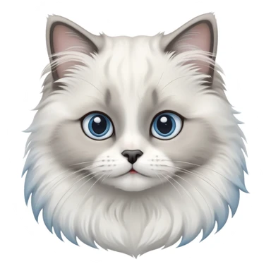 cinematic-adorable-big-eyed-fluffy-white and grey-ragdoll-cat-portrait-emoji,-head-tilted-playfully-with-a-sweet-expression,-fluffy-grey seal colour with white-fur,-simplified-yet-irresistibly-cute-features-with-large,-blue eyes expression, sticker
