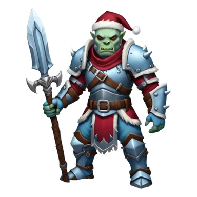
Fantasy Christmas orc legion soldier icon, iron tundra army theme, heavy winter armor, disciplined brutal look, icy blue steel armor with deep crimson accents, frozen metal texture, cold winter atmosphere, male variant sticker