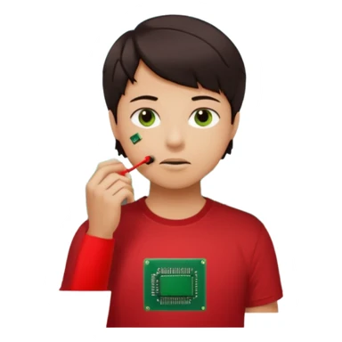 A young person wearing a red T-shirt indoors, short dark hair, holding a small green electronic circuit board near the mouth in a thoughtful pose. Warm natural lighting, window with blinds in the background, casual tech-inspired vibe. sticker