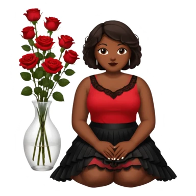 A plus-size black woman with short, straight, dark brown hair is wearing a red sleeveless shirt and a black lace ruffled skirt. She is holding a rose and sitting on the floor with her legs crossed. On the floor is a glass vase with red roses. sticker