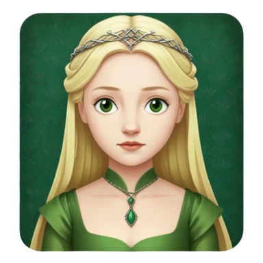 Elizabeth Woodville is the queen of York and looks like a blonde Rebecca Ferguson. She is wearing a green dress and looks like a Game of Thrones Character sticker