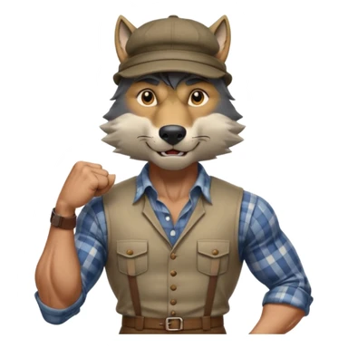 extremely super-duper hyper muscular wolf furry extremely exaggerated muscles with chiseled face, horse-length bullneck and an elongated snout, wearing a plaid dress shirt halfway buttoned, khaki dress slacks and very large newsboy cap on his head while flexing his bicep muscles sticker