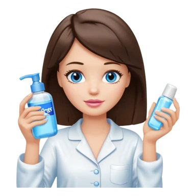 Barbie girl with makeup, blue eyes , and bob long haircut, short brown hair in white pajamas, face gel in hand sticker