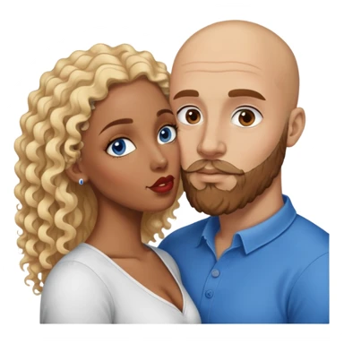 bald head man with brown eyes and beard kissing African woman with blue eyes and curly blonde hair sticker