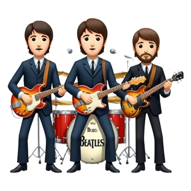 Rock music icon: The Beatles performing live on stage. John Lennon with guitar, Paul McCartney with bass, George Harrison with guitar, Ringo Starr on drums. Bright lights, energetic performance. Transparent background. sticker