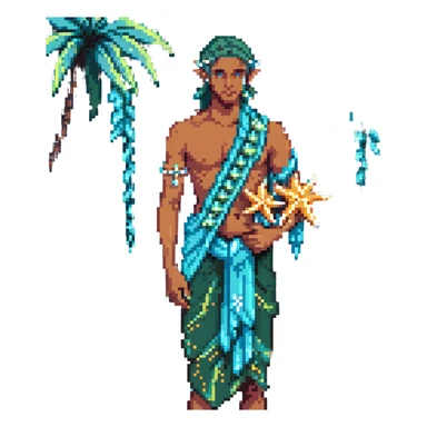 elf male Sarong with bioluminescent embroidery, armful of starfish, hair in a braid with pearl pins sticker