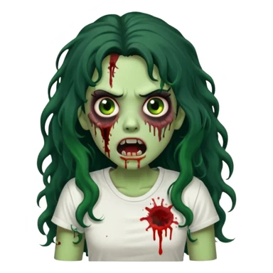 a zombie with long curly black hair volumoso, brown eyes, a white t-shirt and a splash of blood on her t-shirt, mouth open like a zombie, green skin color, not much expression, no drawing on shirt, no hands showing, less blood on her face, less blood, black hair and black eyes sticker