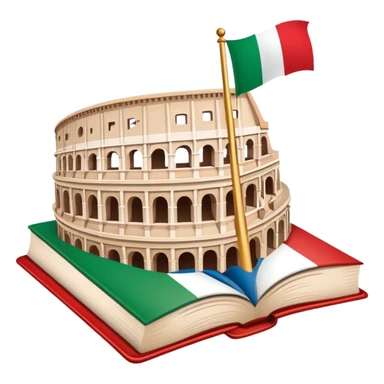 An icon featuring the Colosseum and the flag of Italy, symbolizing the Italian language. The design includes an open book with Italian phrases and a gondola, representing language learning and cultural exploration. Transparent background sticker