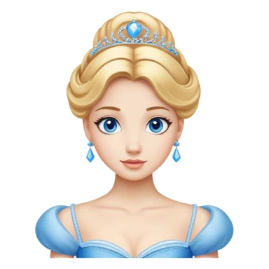 Cinematic Realistic Comical Cinderella Portrait, with every detail rendered realistically—from the soft, smooth texture of her fair skin to her artfully styled golden-blonde hair. Her bright blue eyes are wide with playful disbelief, and her expression carries a touch of whimsical humor while retaining elegant poise. Her classic ball gown, detailed with rich fabric textures and natural shadows, catches the light in a way that blends refined beauty with a hint of cheeky mischief, creating a striking, lifelike portrayal. sticker