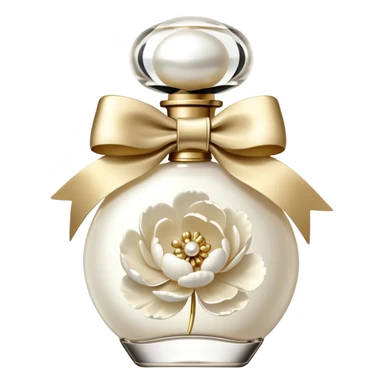 pearl white vintage style perfume bottle and ivory colored peonies and a gold bow sticker