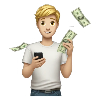a white boy holds a phone in his hand from which money flies out sticker