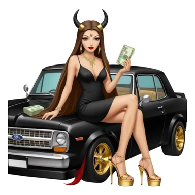 Sensual queen long brown straight haired sexy drug lord woman with  glitter platform high heels on her feet,  and devil black horns on her head, holding a stack of cash, has a phone in other hand. Sitting on the hood of a  gold ford350 pickup truck  full of drugs, long black dress with sexy slit sticker