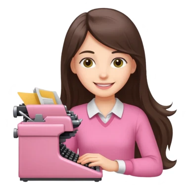 smiling white long brunette hair girl with hazel eyes wearing pink typing on a typewriter sticker