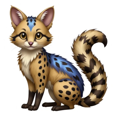  ink-black fur laced with oil-slick bronze and abyssal cobalt runes fur with random dark markings beautiful elegant pretty precious cute  Fakémon-Pokémon-opossum-feline-serval-caracal-chinchilla-Furret-Minccino-hybrid-creature with a big fluffy bushy tail (full body) sticker