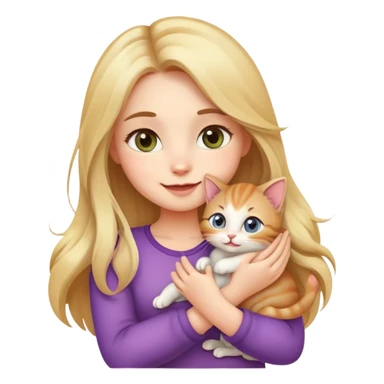 "Create a cute emoji of a beautiful girl holding a small kitten in her arms. The girl has soft features, long flowing hair, and a gentle smile. The kitten looks cozy and happy. The style should be colorful, charming, and expressive, with big sparkling eyes and a warm, loving vibe." sticker