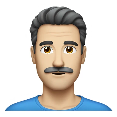 A white man, with black hairs, rectangular mustache (black colored), with blue eyes sticker