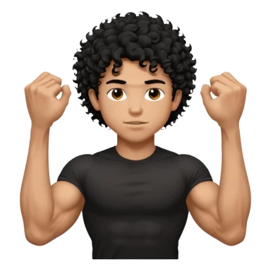 muscular teen boy with veiny hands arms and biceps. has messy black curly hair with dark-tan skintone with black tshirt sticker