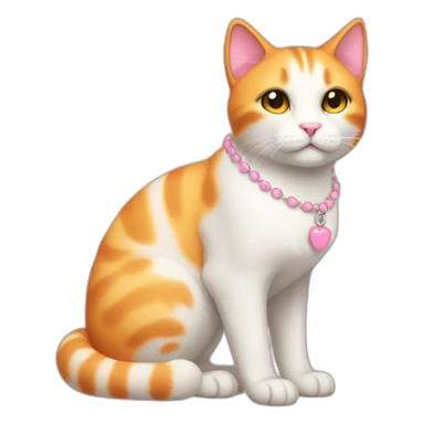 full body white orange cat cute with a small black eyes and a paw pink necklace sticker