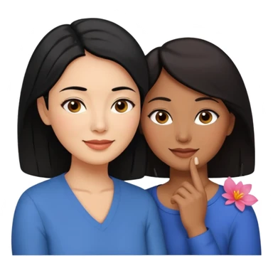 Middle aged brown woman with black hair, beside a middle aged asian woman with dark brown hair touching their cheek sticker
