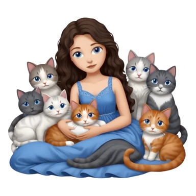 detailed realistic looking a dark grey and white cat regally laying with six other cats, cuddling with their owner in bed who is a pretty bratz lightly tanned white girl with long dark brown hair, blue eyes and gorgeous long wavy hair wearing a pretty detailed dress sticker