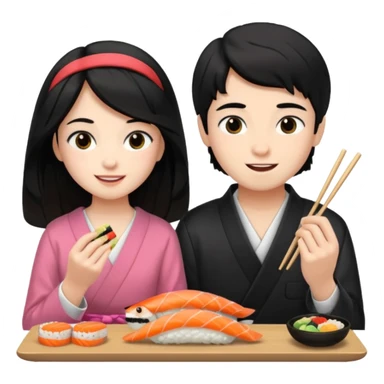 czarnowłosa ksieżniczka w dlugich wlosach je sushi z chłopakiem o czarno brązowych włosach i są zadowoleni i są nastolatkami i te włosy są lekko krecone i chłopak ma włosy do wysokosi nad brwiami sticker